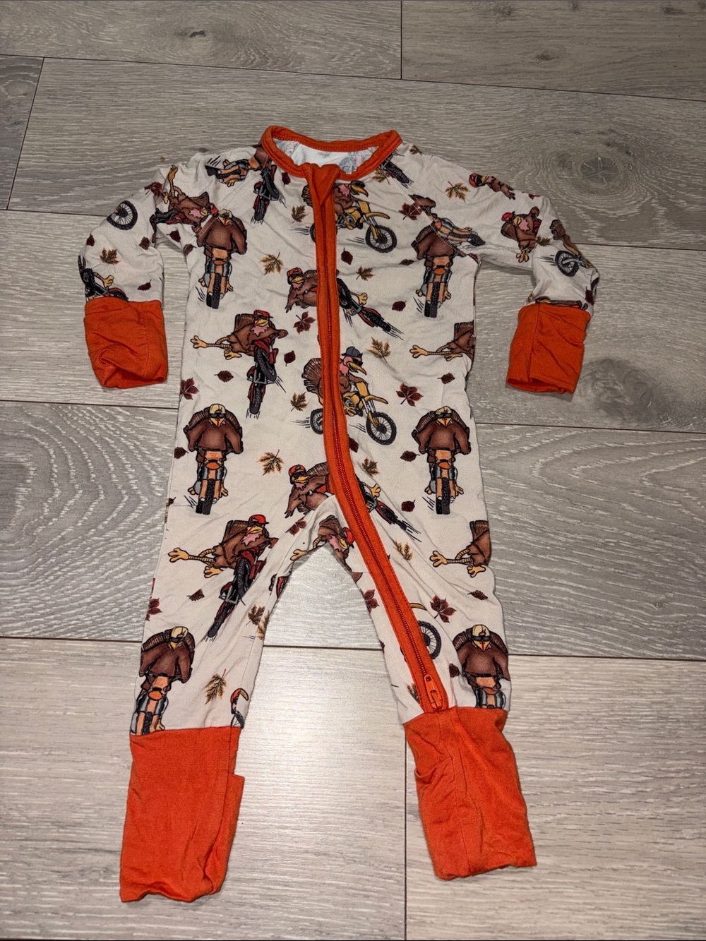 Cream and Orange Motorcycle Print Footed One-Piece for Kids